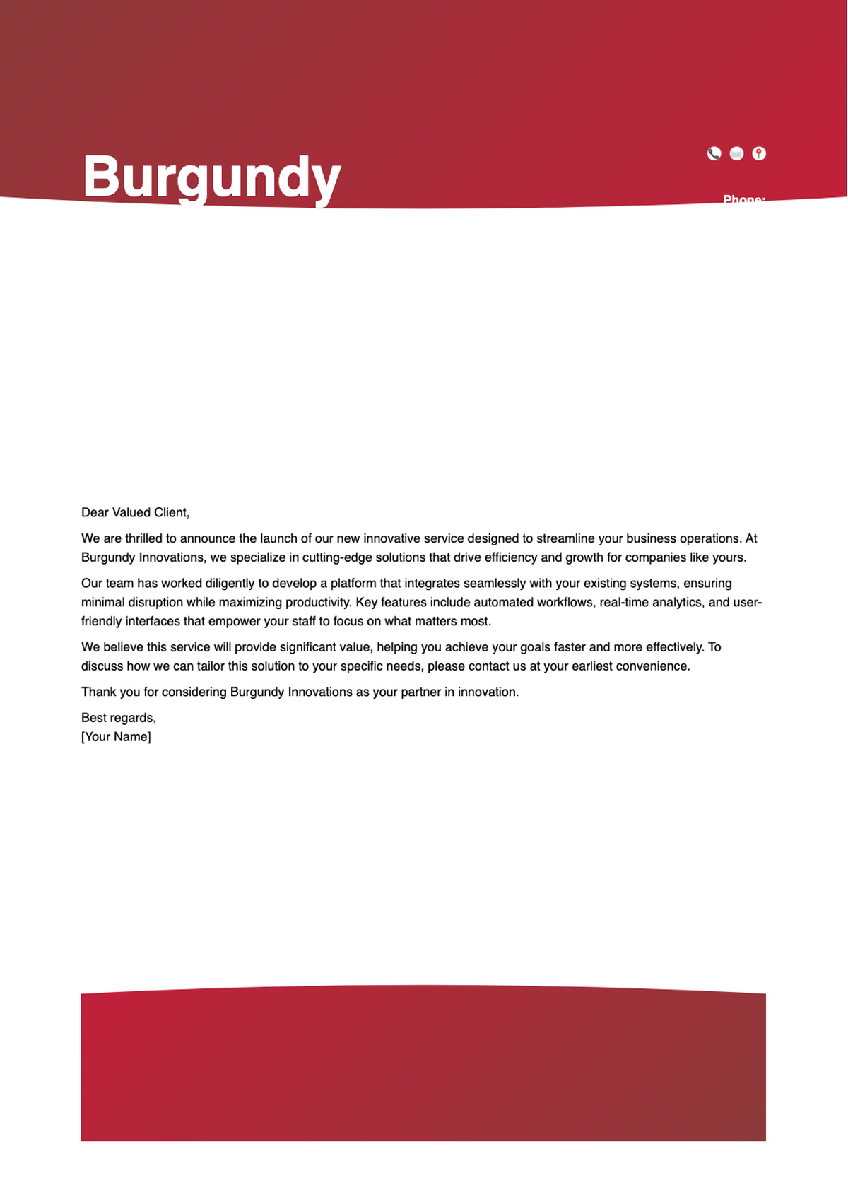 Professional business letterhead with maroon wave design and contact icons_variant_2